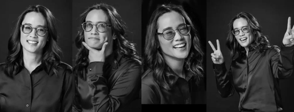 A charming series of photos capturing Angelique Budaya's vibrant essence. With dark hair, gentle curls, and glasses, she poses thoughtfully, shares a gentle laugh, and extends a peace sign with a warm smile.