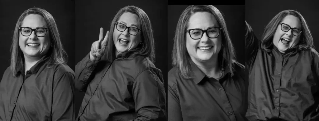 A captivating series of photos showcasing Christine Brandish's vibrant essence. Her bold glasses and shoulder-length grey hair frame her face beautifully. Her playful poses, expressive smiles, hearty laughs, and peace signs highlight her joyful spirit.