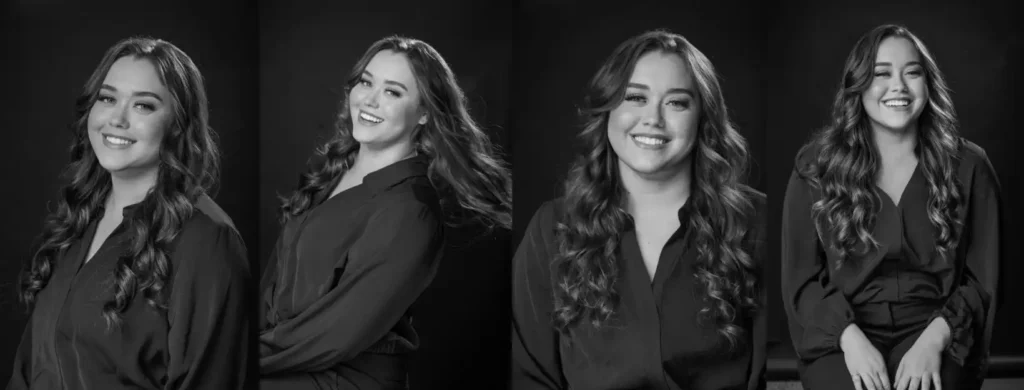 A stunning series of photos capturing Henrietta Lukacs's vibrant essence. Her long, dark curls cascade over her shoulders like a waterfall. Her gentle smile and playful hair toss are truly captivating.