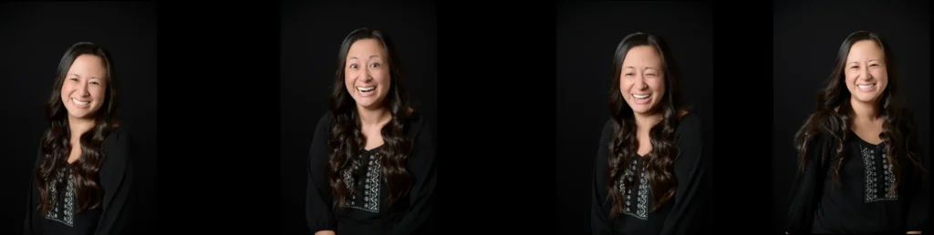 A series of photos showing Jennifer Shioya smiling widely with a big surprise smile and laughing heartily, eyes nearly closed in joy.