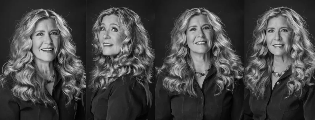 A captivating series of photos showcasing Lisa Jenson's vibrant essence. Her bright blonde curly hair bounces off her shoulders, while her smile and eyes convey a deep sense of wisdom, experience, professionalism, and playfulness.