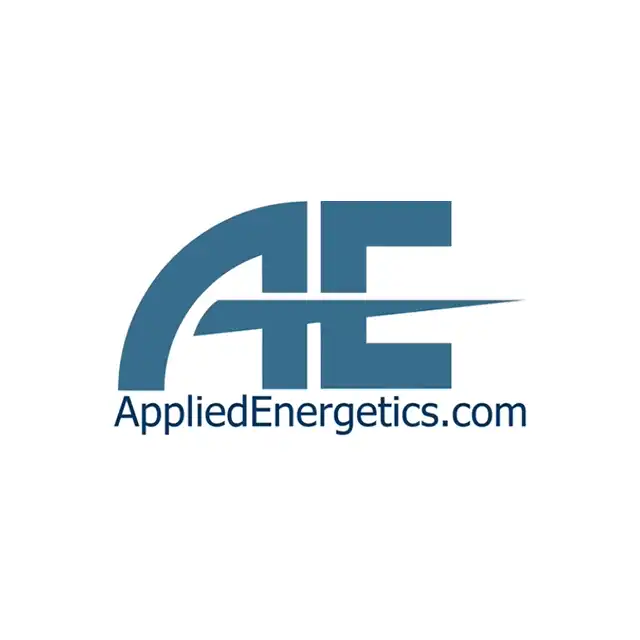 Applied Energetics logo features two large blue-green letters A and E representing the first letter in name. The line in middle of the A darts out to represent a laser beam.