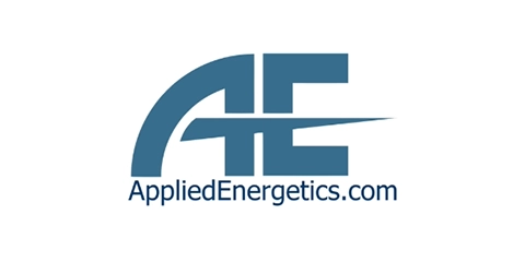 Applied Energetics logo features two large blue-green letters A and E representing the first letter in name. The line in middle of the A darts out to represent a laser beam.