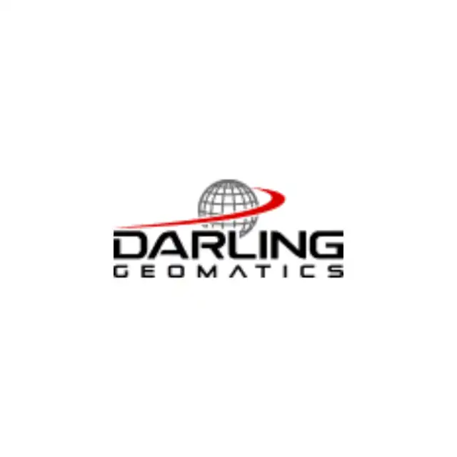 Darling Geomatics logo with bold, black text and a globe encircled by a red swirl beam