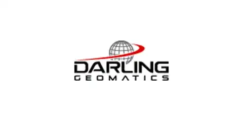 Darling Geomatics logo with bold, black text and a globe encircled by a red swirl beam