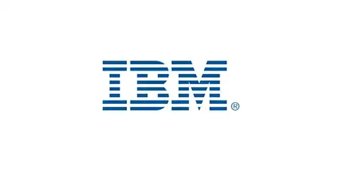 Logo of International Business Machines (IBM), information tech company, featuring the company's name in bold, blue, horizontal stripes