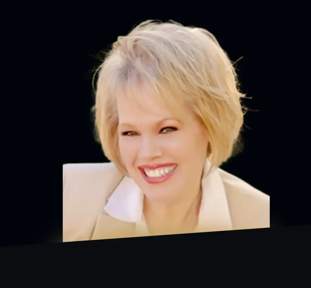 Mary Jacobs smiling wearing a beige blazer with a gold glow at the bottom