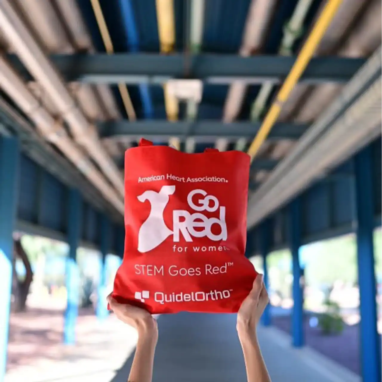 Red bag held up by two hands