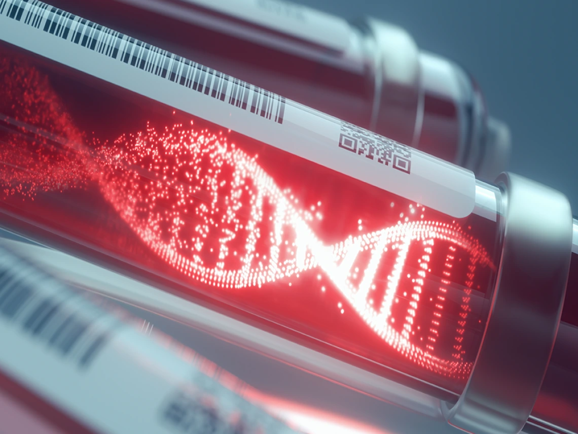Close-up of blood sample vial with glowing digital DNA strand, representing genetic testing and biotechnology.