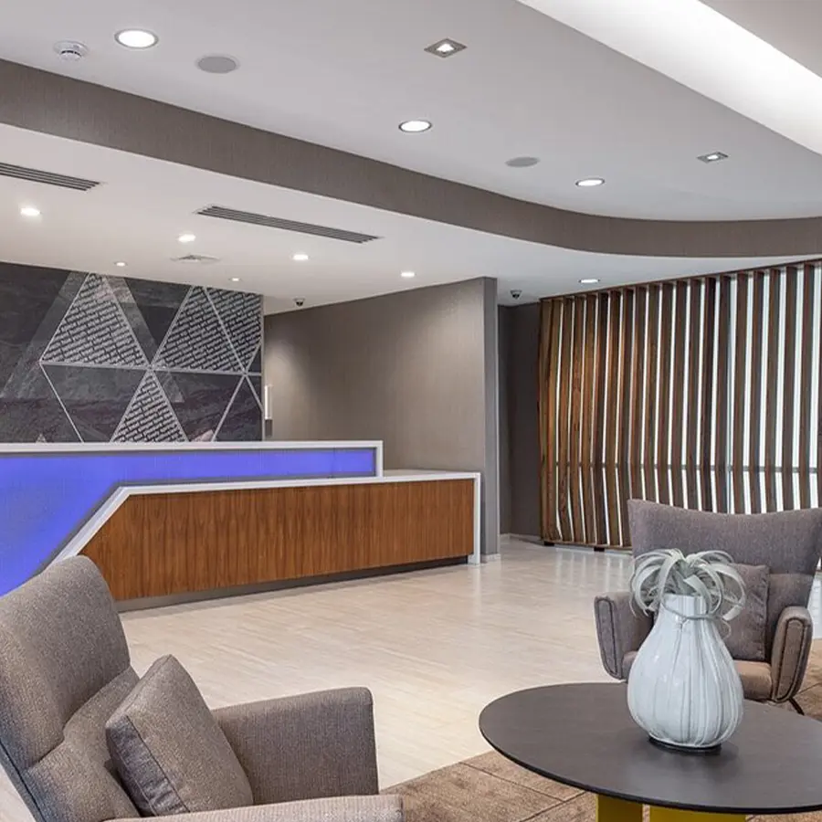 Hotel lobby with neutral colors.