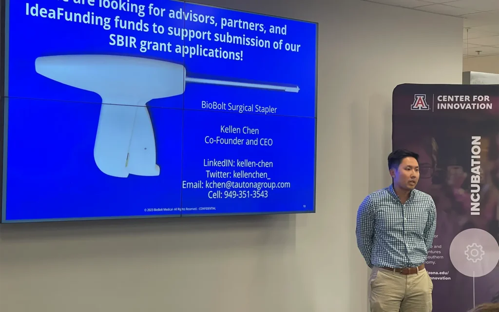 Startup founder Kellen Chen pitches BioBolt Surgical Stapler at UArizona Center for Innovation during IdeaFunding event.
