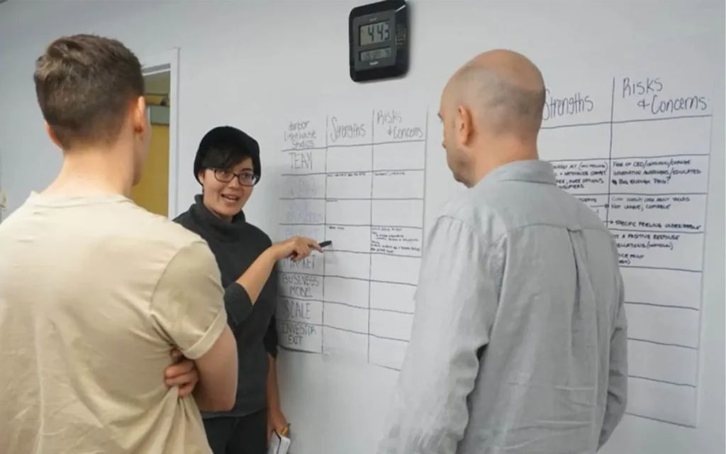 Team members collaborating and discussing business strengths and risks during a startup workshop.