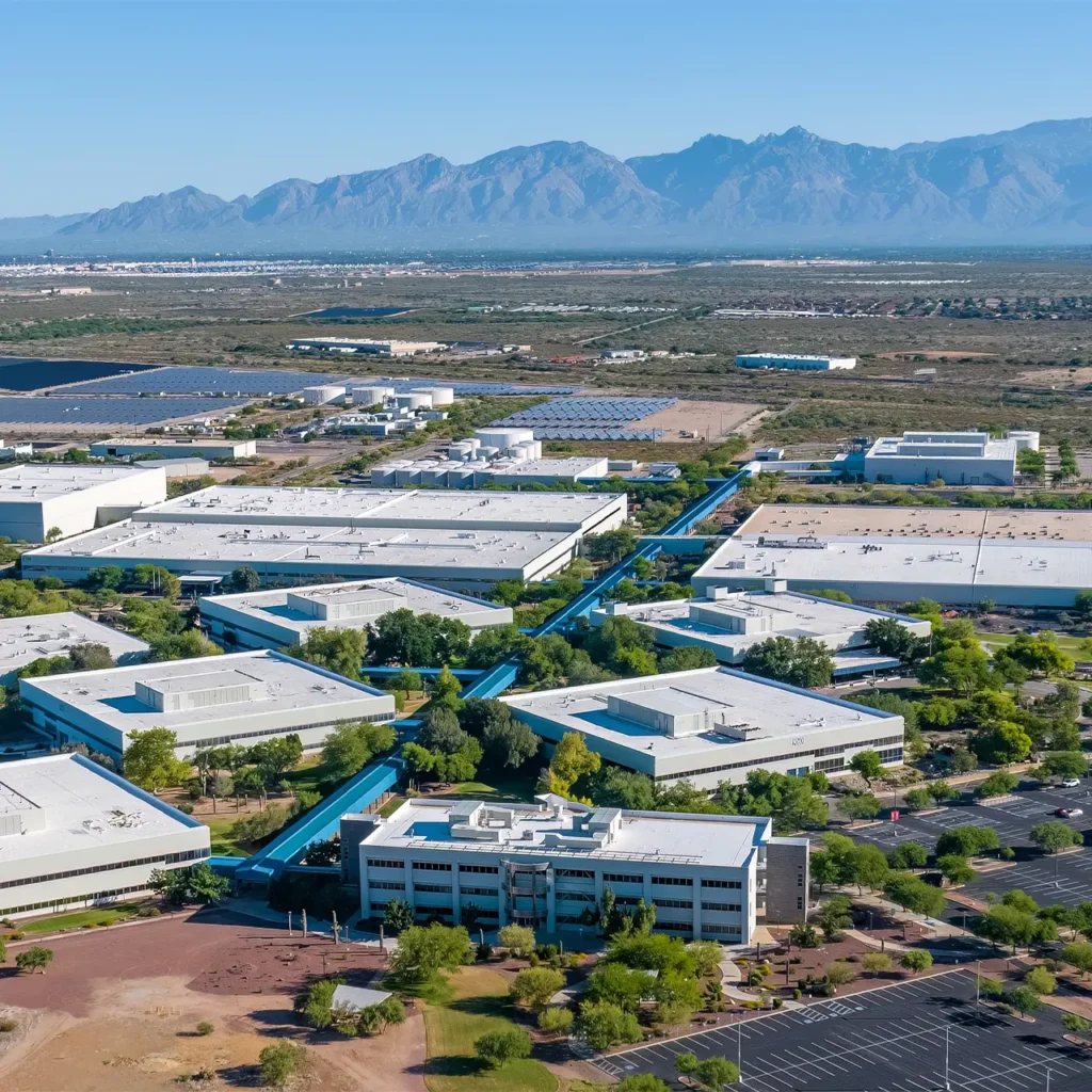 Aerial view of a large, modern business and research park with multiple buildings, tree-lined walkways, and surrounding parking lots.