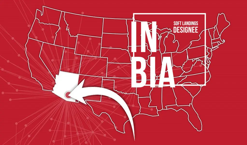 Map of the United States highlighting Arizona as an InBIA Soft Landings designee for international business incubation.